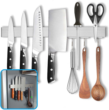 16 Inch Magnetic Knife Holder for Refrigerator - Knife Magnetic Strip for Fridge with Magnetic Hooks - Double Sided Magnetic Knife Bar - Stainless Steel Kitchen Magnetic Knife Hanger Rack
