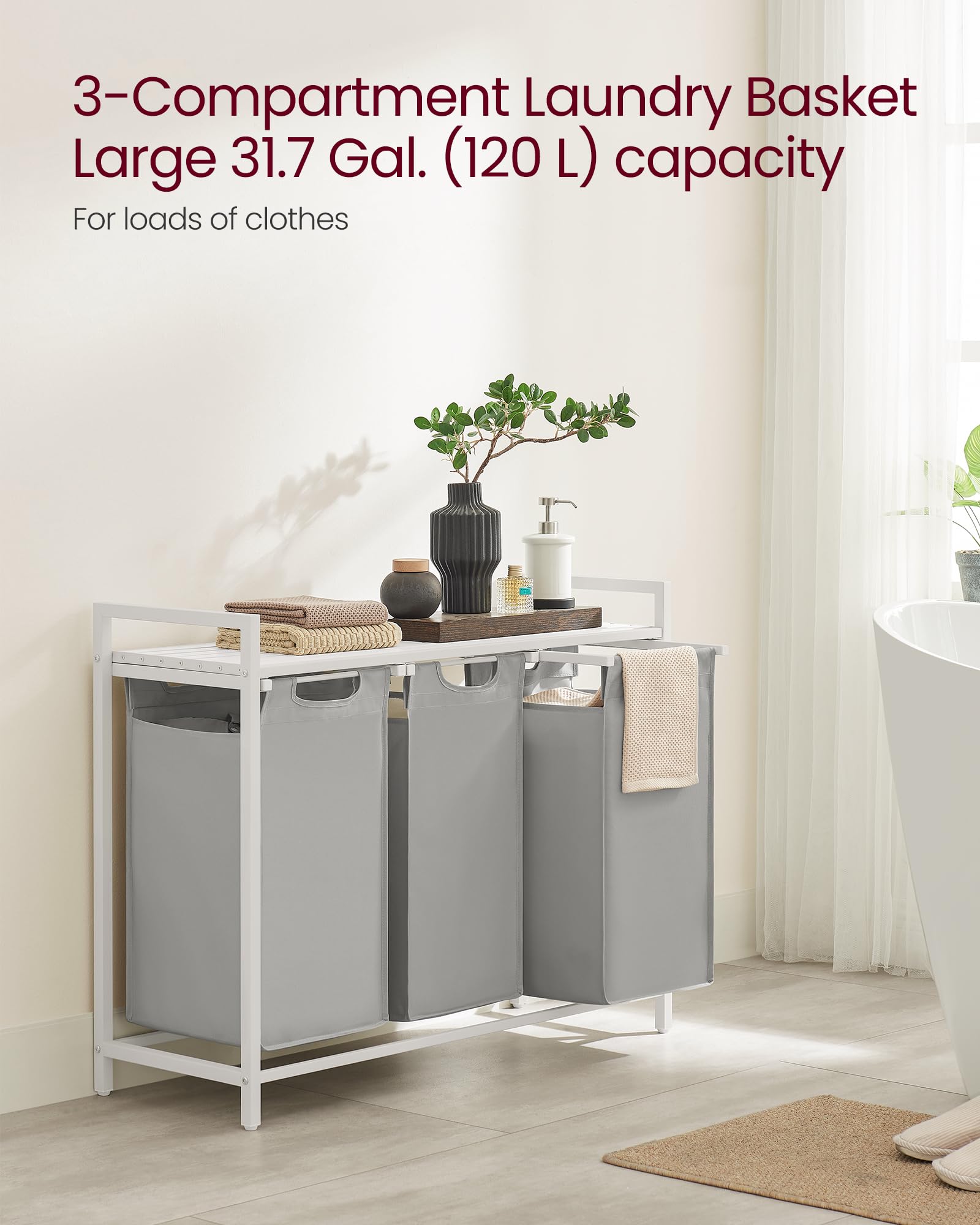 VASAGLE Laundry Hamper, Laundry Basket, Laundry Sorter with 3 Pull-Out and Removable Bags, Shelf