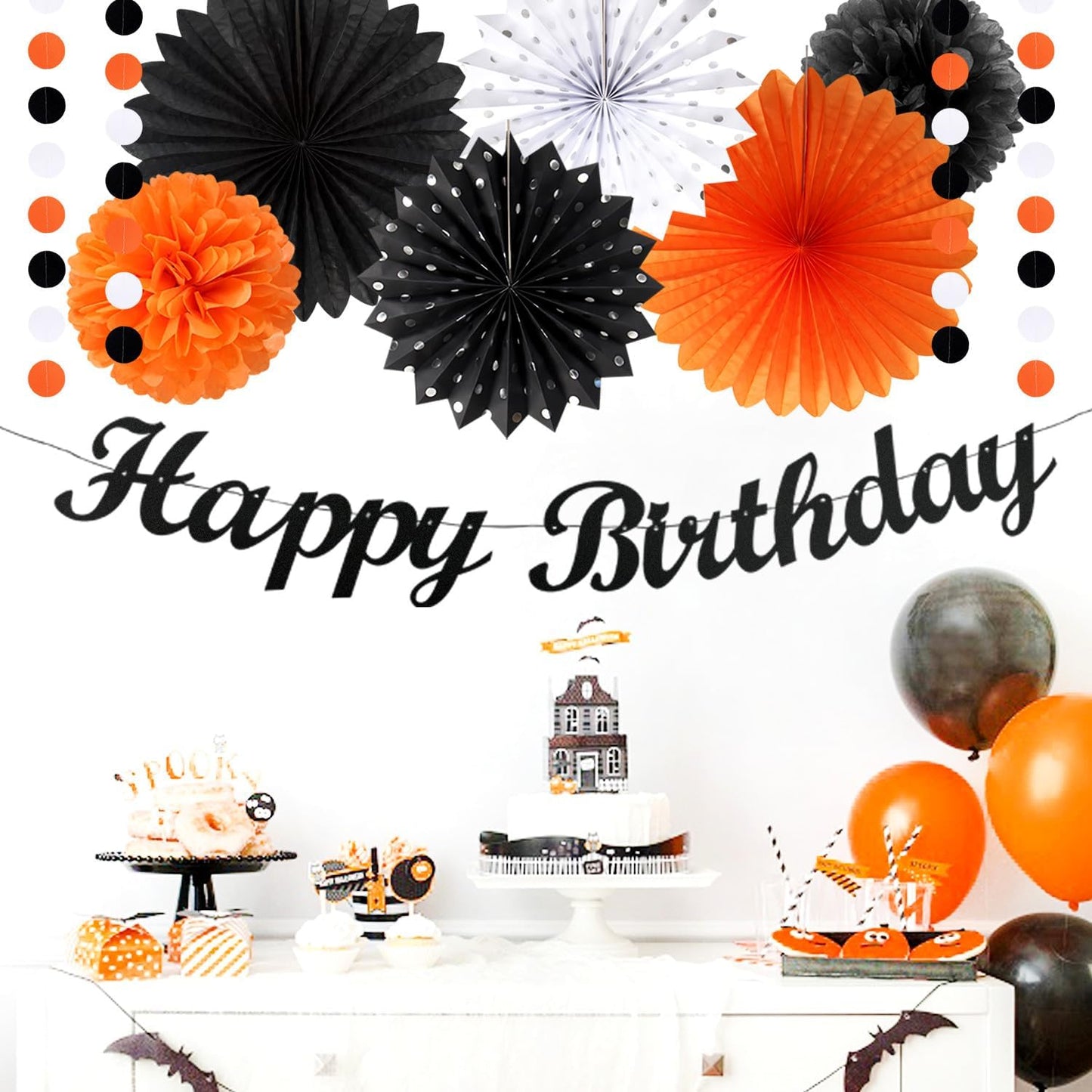 Black-White Orange Halloween Birthday Party-Decorations - 21pcs Happy Banner,Paper Lanterns Honeycomb,Tissue Pom Poms Flower Fan,Kids Classroom Hanging Streamers Garland Decor Supplies Huglony