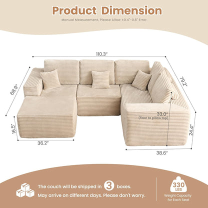 HOOOWOOO Cloud Sectional Couches for Living Room,Modular Sectional Sofa No Assembly,110X79 Inch Plush Corduroy Large U Shaped Floor Couch Set with Deep Seat Chaise(Beige)
