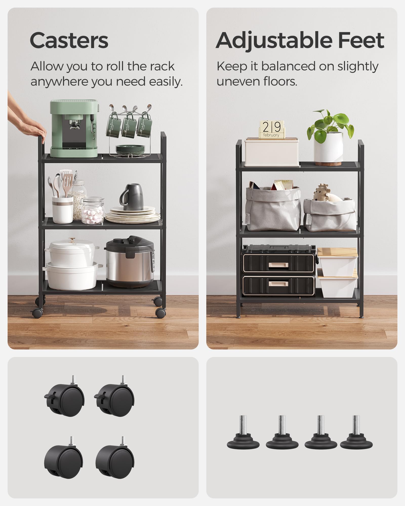 SONGMICS 3-Tier Metal Storage Rack with Wheels, Mesh Shelving Unit with X Side Frames, 23.6-Inch
