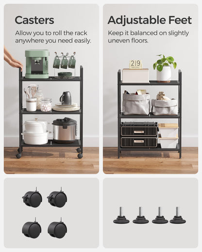 SONGMICS 3-Tier Metal Storage Rack with Wheels, Mesh Shelving Unit with X Side Frames, 23.6-Inch