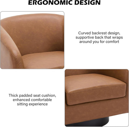 Swivel Barrel Accent Chair, Modern Round Faux Leather Arm Chair for Living Room, Bedroom, Comfy Club Reading Chairs for Adults(Faux Leather, Brown, Set of 4)