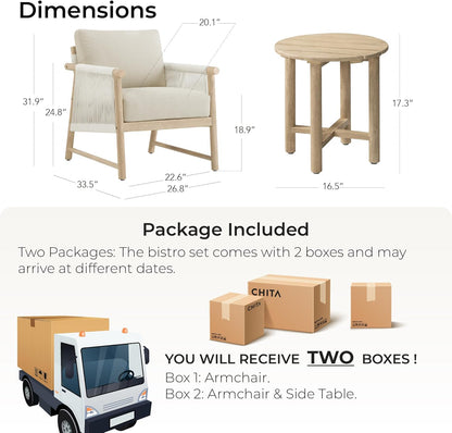 CHITA 3 Pieces Boho Patio Rattan Bistro Set, Outdoor Wicker Chairs & Side Table Set with Acacia Wood Frame(Cream)