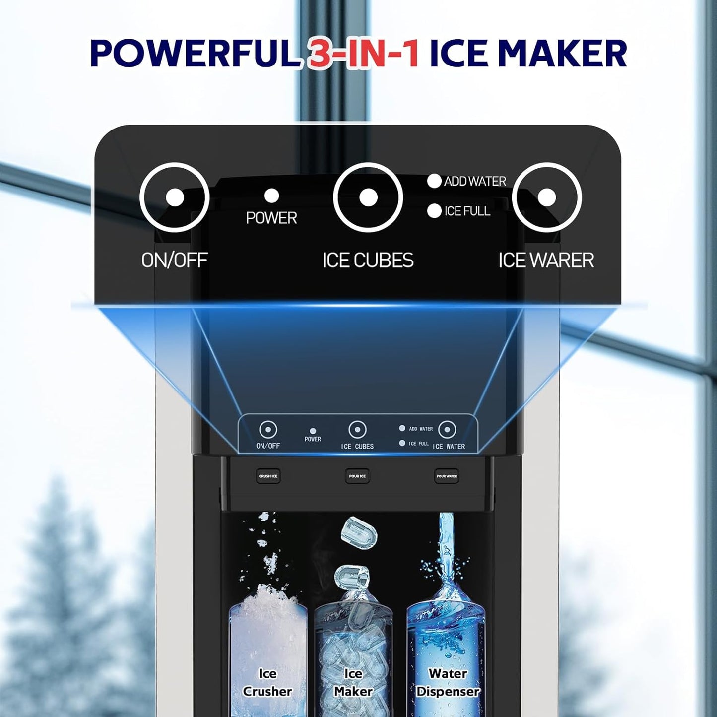 3 in 1 Water Dispenser with Ice Maker, Nugget Ice Maker Countertop, Bullet Ice, Crushed Ice, Water Cooler, 44Lbs/24H, 12 Ice Cube/6Min, Self-Cleaning, 4Lbs Ice Storage, Home, Kitchen, Party, RV