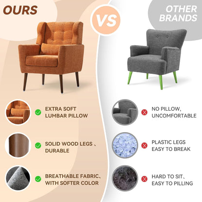 Accent Chair Set of 2, Upholstered Armchair with Pillow, Fabric Single Sofa Chair with Lounge Seat and Wood Legs Accent Chair for Living Room Small Spaces (Orange, Set of 2)