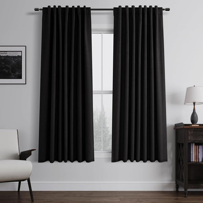 BOODII 63 Inch Blackout Curtains Black Linen Black Out Curtains for Bedroom 2 Panels Set Modern Room Darkening Curtain Thermal Insulated Curtain for Winter Window Drapes Back Tab 52x63