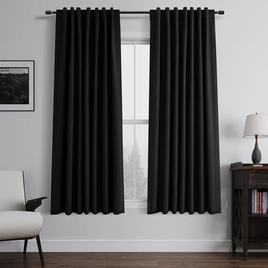 BOODII 63 Inch Blackout Curtains Black Linen Black Out Curtains for Bedroom 2 Panels Set Modern Room Darkening Curtain Thermal Insulated Curtain for Winter Window Drapes Back Tab 52x63
