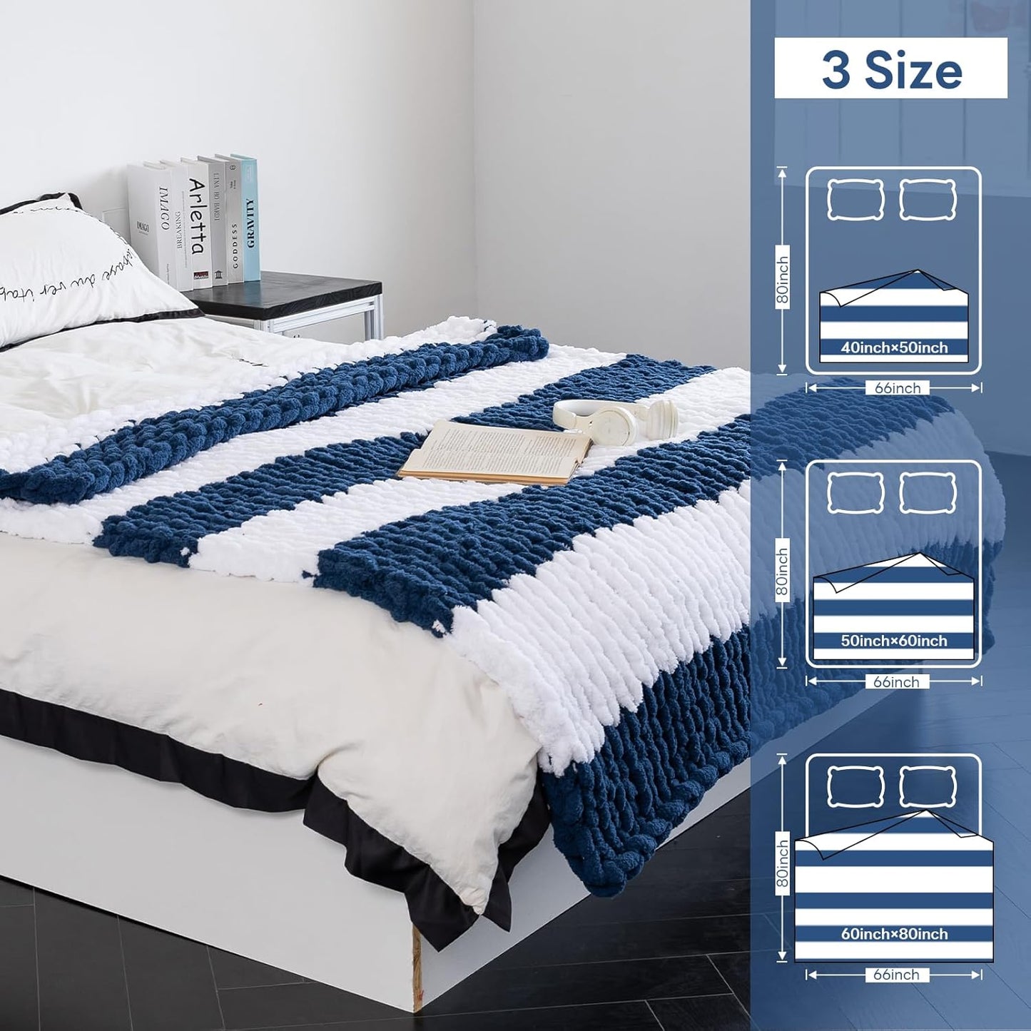 Chunky Knit Blanket - Luxury Soft Cozy 50 * 60 Throw Blanket,100% Woven Blanket Rope Knot Throw Blanket for Couch, Sofa, Home Decor, Gift - Machine Washable（White/Deep Blue）