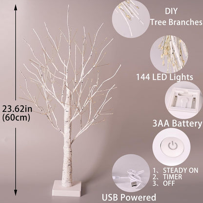 2-Piece Set: 2 Ft White Birch Tree with Lights, 144 LED Christmas Tree with Lights, Lighted up Tree Lamp USB/Battery Powered with Timer, Lighted Trees for Indoor Decor, Tabletop, Fireplace, Christmas