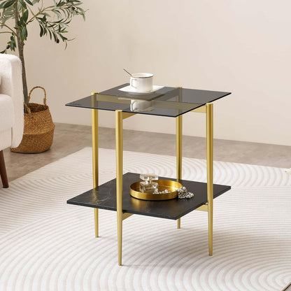 Glass End Table, Mid-Century Modern Design Sofa Table, for Living Room, L18 x W18 x H23 in, Clear Glass Top and Walnut MDF Shelf, Sleek Conical Metal Legs with Gold Finish Frame