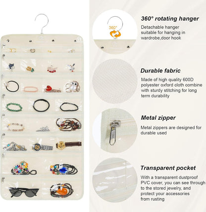 Freegrace Hanging Jewelry Organizer Revolving Hanger - Secure Zipper Closure - 50 Pockets - Foldable Storage & Display Solution - For All Jewelry & Bijoux (Beige)
