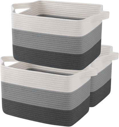 OIAHOMY Storage Basket, Woven Baskets for Storage, Cotton Rope Basket for toys,Towel Baskets for Bathroom - Pack of 3, Gradient Dark Gray