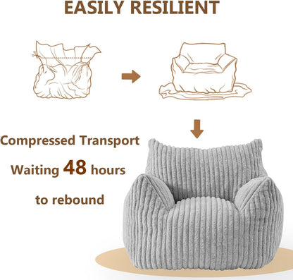 Giant Bean Bag Chairs for Adults Teens, Large Bean Bag Sofa Chairs with Filling Comfy Fuzzy BeanBag Chair with Armrests for Bedroom Living Room Reading (Light Gray, Large)