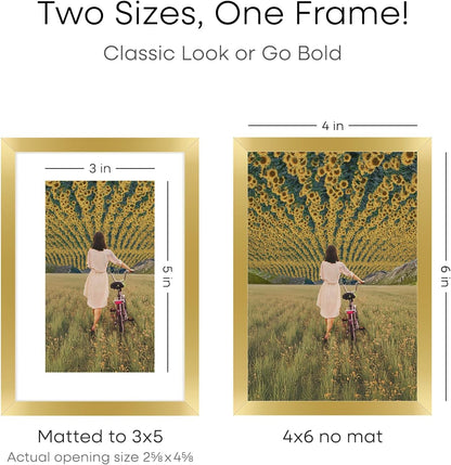 Homeforia 4x6 Picture Frame Gold, High End Metal 4 x 6 Gold Frames with Mat 3 x 5 for Print, 4by6 Desk Frame Matted to 3x5 inch Photo, 4 by 6 Wall or Tabletop Frame, Tempered Glass, Wall Kit, Set of 1