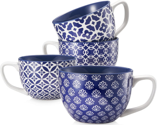 DOWAN Coffee Mugs Set of 4, 24 oz Large Coffee Mugs, Jumbo Soup Mugs With Handles, Ceramic Coffee Cups for Coffee Cereal Latte for Men Women, Housewarming Wedding Gift, Vintage Blue