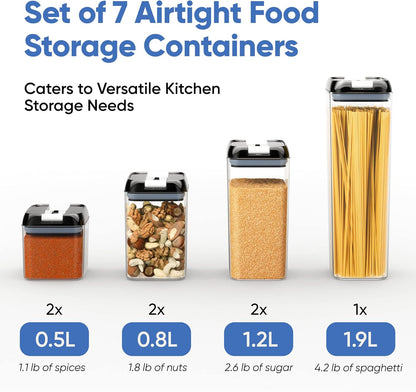 Chef's Path - Set of 7 Airtight Food Storage Containers for Kitchen Storage - Clear Plastic - Durable Strong Lids - Labels and Chalk Marker