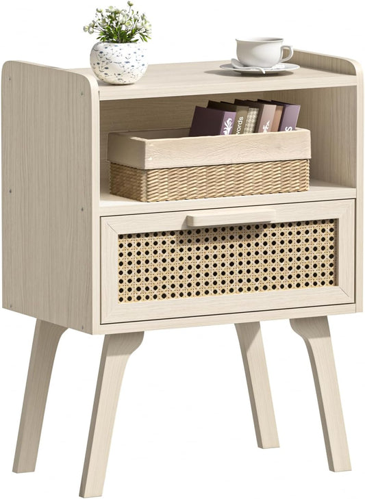 Lerliuo Rattan Nightstand, Side Table with Drawer Open Shelf, Cane Accent Bedside End Table with