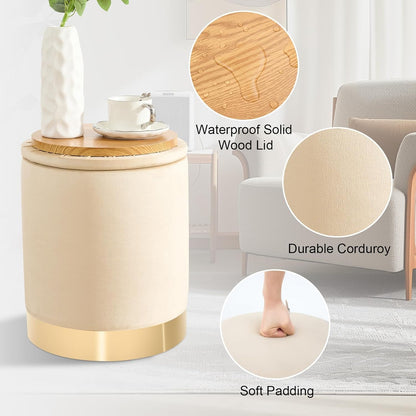 Round Ottoman with Storage Set of 2, Upholstered Velvet Storage Ottomans, Vanity Stool, Multifunctional Ottomans, Coffee Table Foot Rest Ottoman for Living Room Bedroom, Khaki