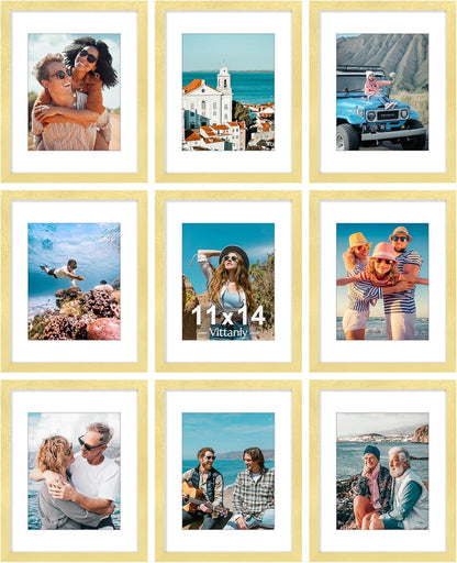 Vittanly 11x14 Picture Frames Set of 9, Shatter Resistant Plexiglass, Display 8x10 Pictures with Mat or 11x14 without Mat, Photo Frames for Wall or Tabletop, Engineered Wood, Gold