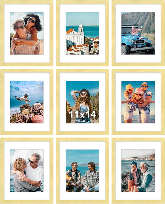 Vittanly 11x14 Picture Frames Set of 9, Shatter Resistant Plexiglass, Display 8x10 Pictures with Mat or 11x14 without Mat, Photo Frames for Wall or Tabletop, Engineered Wood, Gold