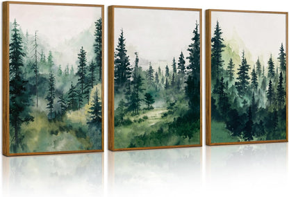 Tinonedraw Watercolor Forest Framed Canvas Wall Art Set, Modern Pine Tree Wall Painting, Nature Foggy Landscape Wall Decor, Misty Mountain Art Prints for Bedroom Living Room Farmhouse Office 16"x24"x3