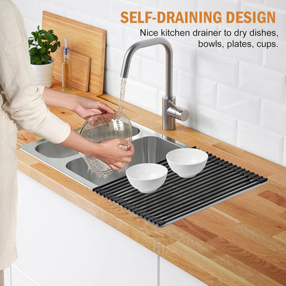 LEMIKKLE Roll Up Dish Drying Rack 17" x 13", Over The Sink Dish Drainer Rack, Foldable Sink Drying Rack, Anti-Slip Silicone Wrapped Dish Drainer for Kitchen Counter (Black)