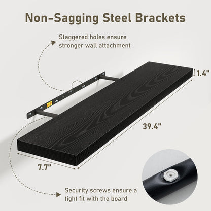 Black Floating Shelves Wall Shelf 40 Inch, 8 Inch Deep Floating Shelf for Wall, Farmhouse Black Wood Shelves Invisible Bracket for Living Room, Bedroom, Kitchen, 40 x 8 x 1.4 Inch, Set of 2