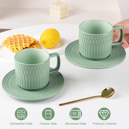 Large Cappuccino Cups with Saucers Set of 4, 8 Ounce Stackable Embossed Ceramic Coffee Mugs for Specialty Coffee Drinks, Latte, Cafe Mocha and Tea, Dishwasher & Microwave Safe (Green)
