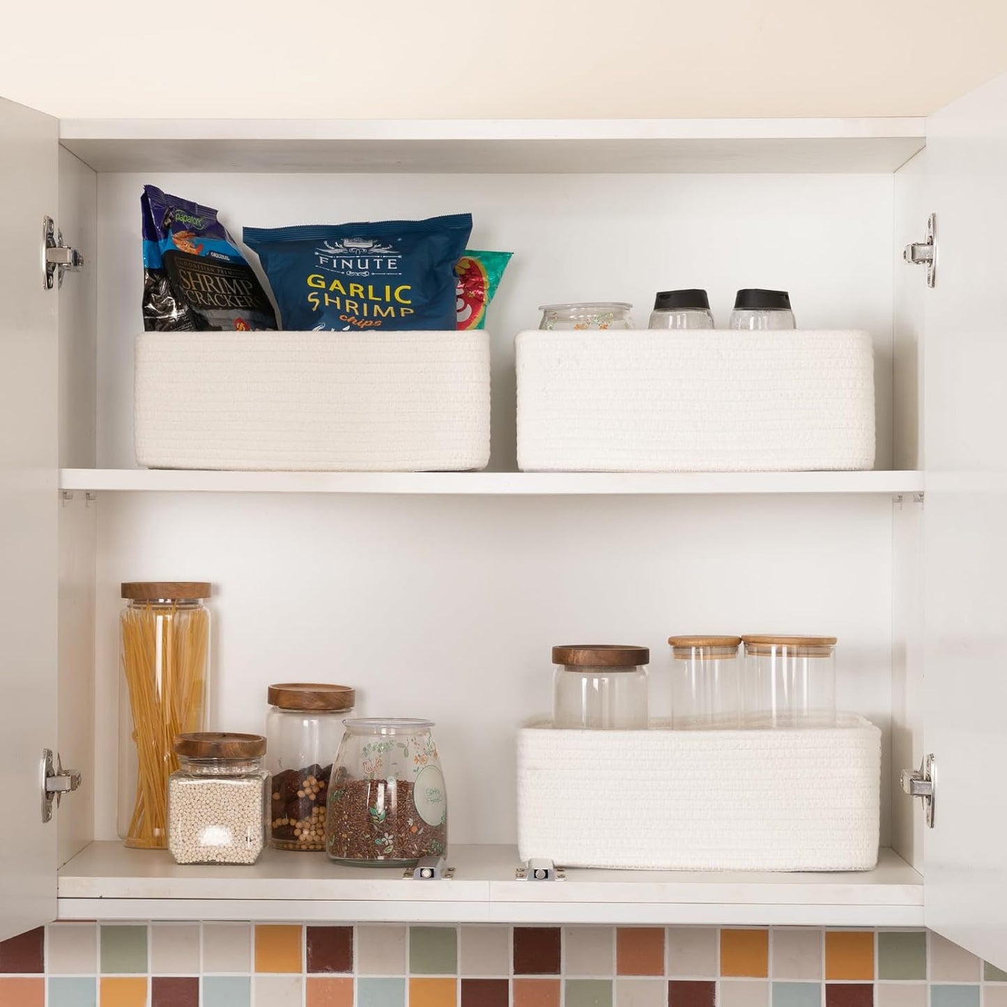 3 Pack Small Storage Baskets for Organizing, Cute Woven Decorative Gift Baskets for Shelves, Mini Closet Organizer Bins with Handles-13''Lx8.66''Wx5.11''H-White