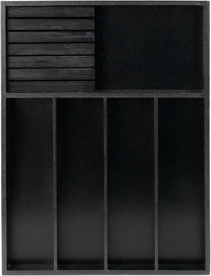 VaeFae Bamboo Silverware Organizer, Utensil Holder for Drawer, Wooden Cutlery Tray with Divider for Kitchen Drawer, Utensil Organizer with Knife Block（Black）