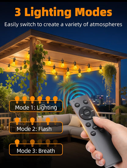 Outdoor Patio String Lights: S14 Shatterproof Bulb Outside Waterproof Light - 50Ft 15M Remote Dimmable Connectable Hanging Outdoor Electric Lighting - Garden Backyard Yard Gazebo Porch Party