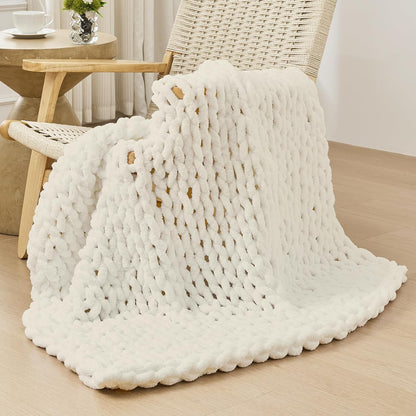 Bigacogo Chunky Knit Throw Blanket for Couch, 40x40 inches, 100% Hand Knitted with Thick Jumbo Chenille Yarn, Cozy Soft Large Rope Knot Cable Crochet Blankets for Sofa Bed Living Room, Ivory