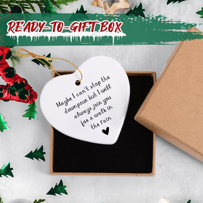 Personalized Maybe I Can't Stop The Downpour Ornament, Friendship Gifts for Women Best Friend Bestie Sister Brother, Tough Time Gift, Ceramic Heart Christmas Ornaments