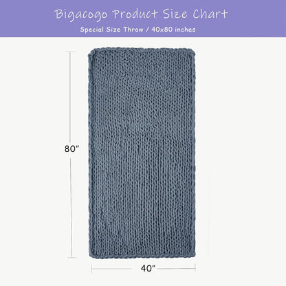 Bigacogo Chunky Knit Throw Blanket for Couch, 40x80 inches, 100% Hand Knitted with Thick Jumbo Chenille Yarn, Cozy Soft Large Rope Knot Cable Crochet Blankets for Sofa Bed Living Room, Cold Sea Blue