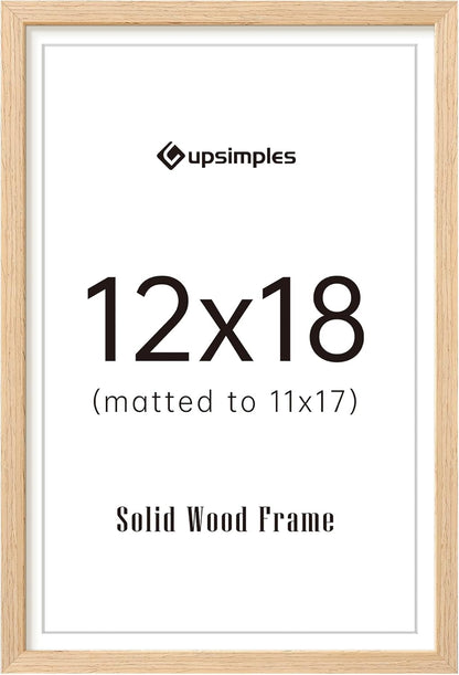 upsimples 12x18 Frame, Natural Solid Wooden Picture Frames, Display 11x17 with Mat or 12 x 18 Without Mat, Vertical or Horizontal Wall Hanging, 1 Pack, Natural