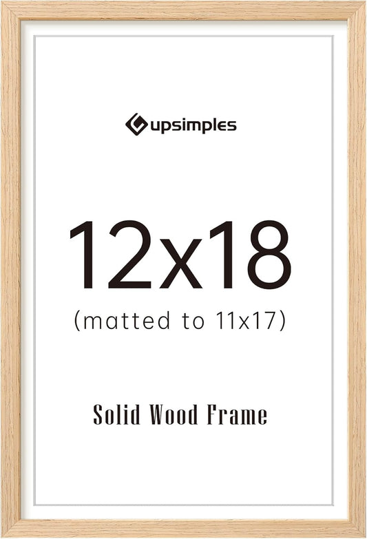 upsimples 12x18 Frame, Natural Solid Wooden Picture Frames, Display 11x17 with Mat or 12 x 18 Without Mat, Vertical or Horizontal Wall Hanging, 1 Pack, Natural