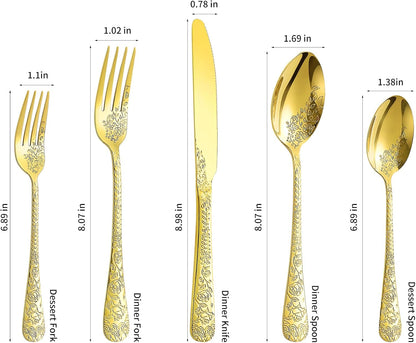 Floral 40 Pcs Gold Silverware Set for 8, Food Grade Stainless Steel Flatware Set with Rose Flower Embossed Design, Eating Utensils Sets Include Fork/Knife/Spoon, Reusable Cutlery Set, Dishwasher Safe
