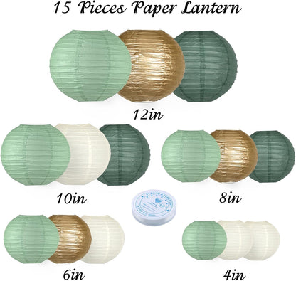 Paper Lanterns Decorative, Round Paper Lanterns Decorations Sage Green/Forest Green/Gold/White for Rustic Party Birthday Party Bachelorette Engagement Wedding Baby Shower 15pcs