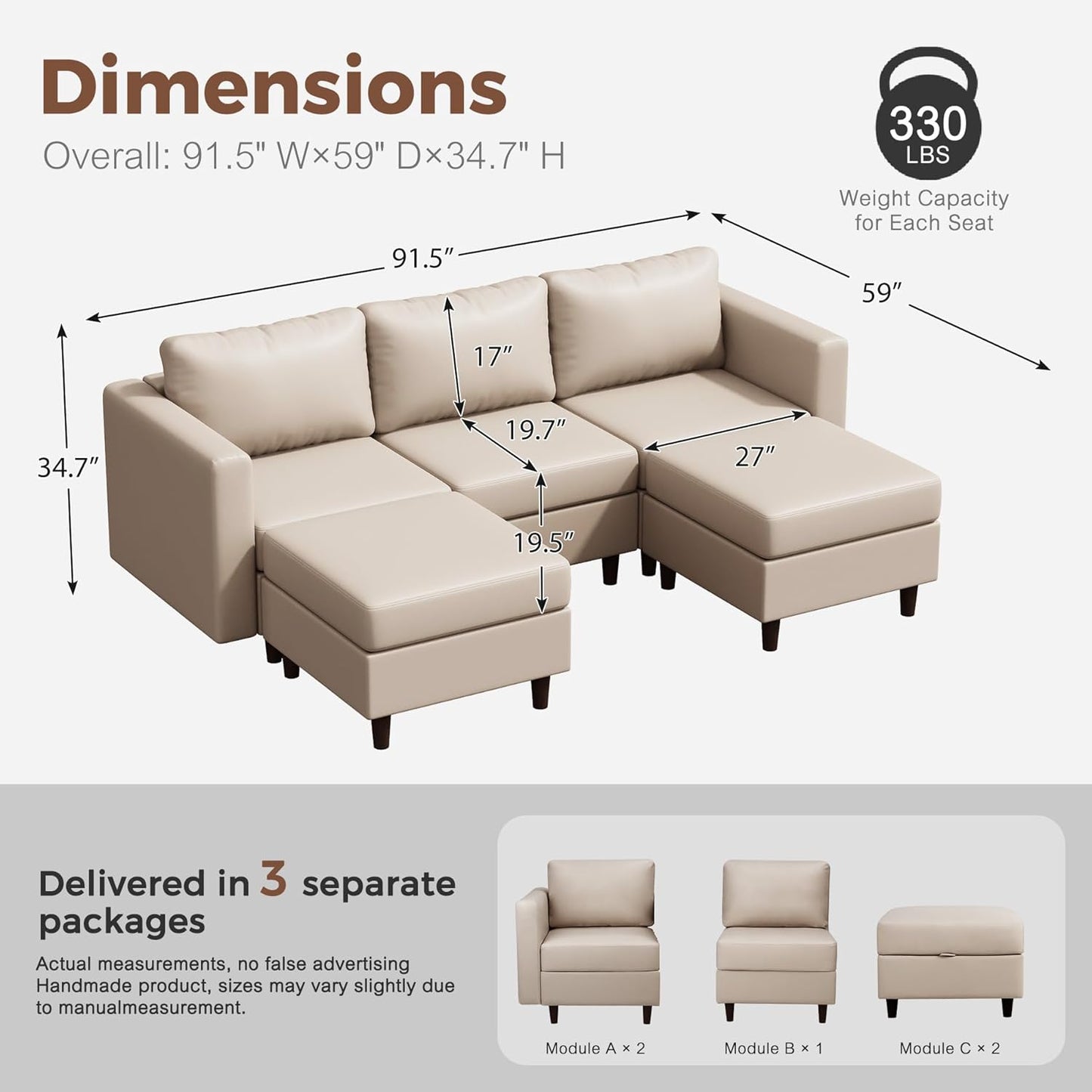 91.5" Faux Leather U Shaped Modular Sectional Sofa, 5 Seater Couch with Movable Ottoman Deep Seat and Storage Seat with Removable Cover for Living Room, Apartment - Whitesand