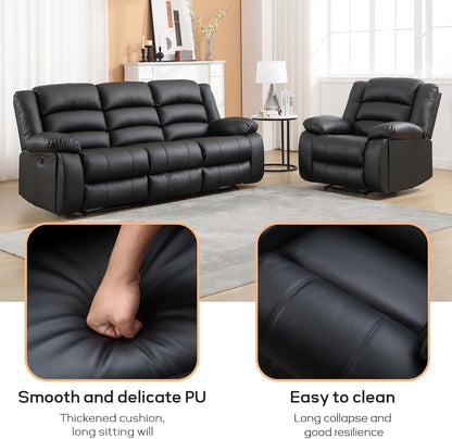 EBELLO Faux Leather Manual Recliner Sofa Set, 2 Recliner Chair, 3 Seat Reclining Sofa, Couch Set for Living Room, Bedroom, Meeting Room, Black (2Recliner+Sofa)