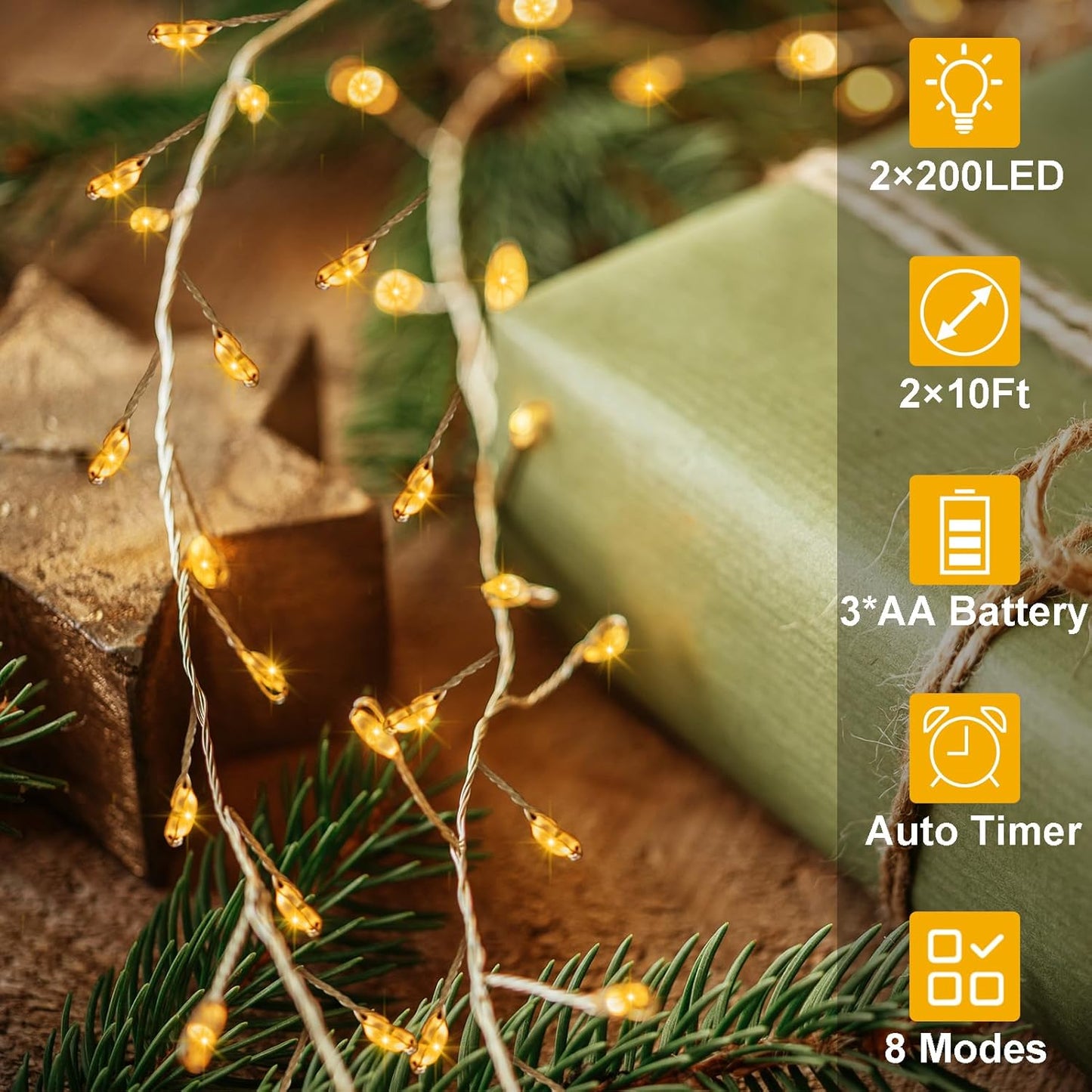 2 Pack Cluster Fairy Lights Battery Operated, Total 20Ft 400 LED Christmas String Lights with Timer 8 Modes Silver Wire Firecracker Fairy Lights for Garlands Tree Wedding Decoration (Warm White)