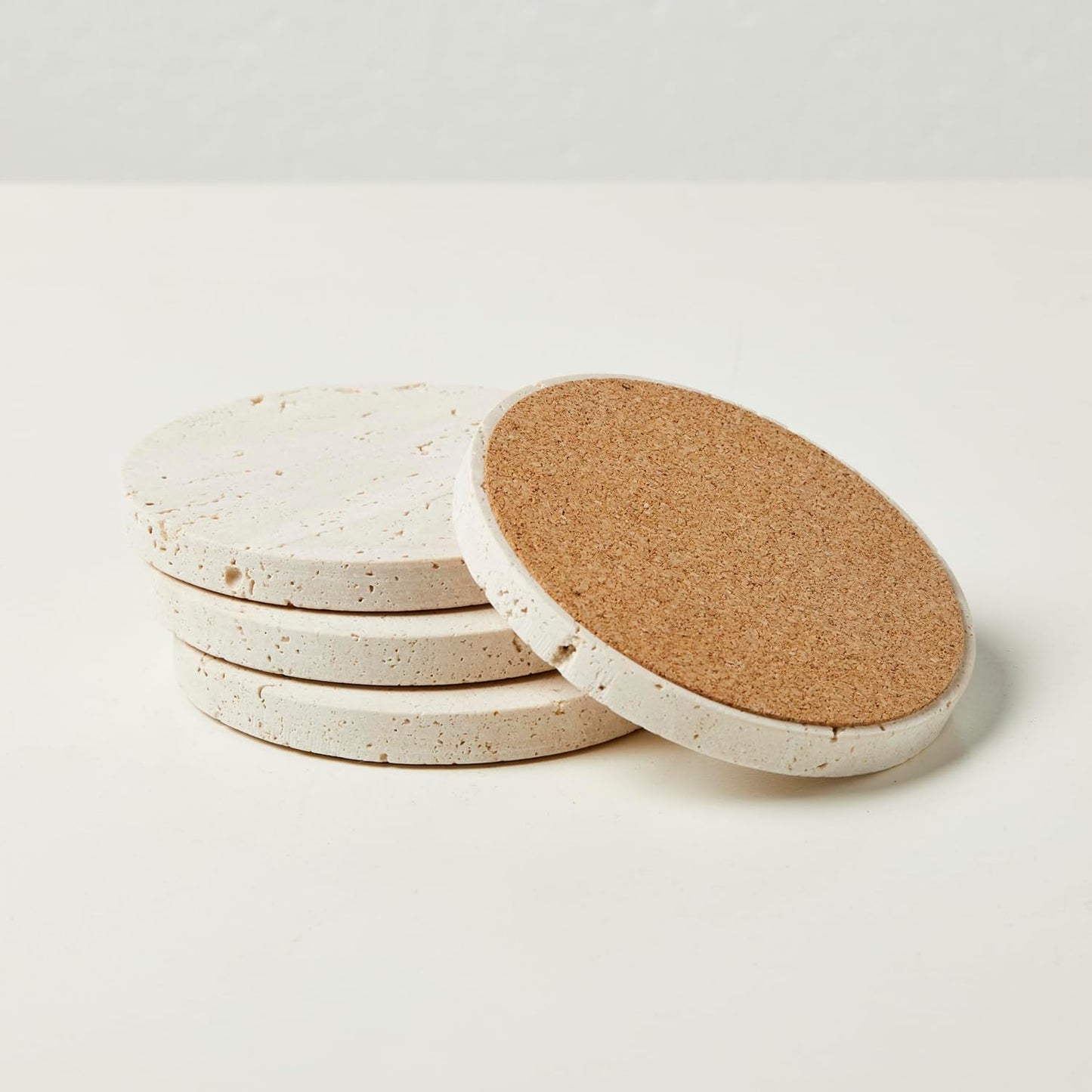 Marble Coasters – Set of 4 –Beige Travertine Bar Coasters for Drinks, Coffee –Stone Holder for Home Décor, Housewarming Gifts (Round)