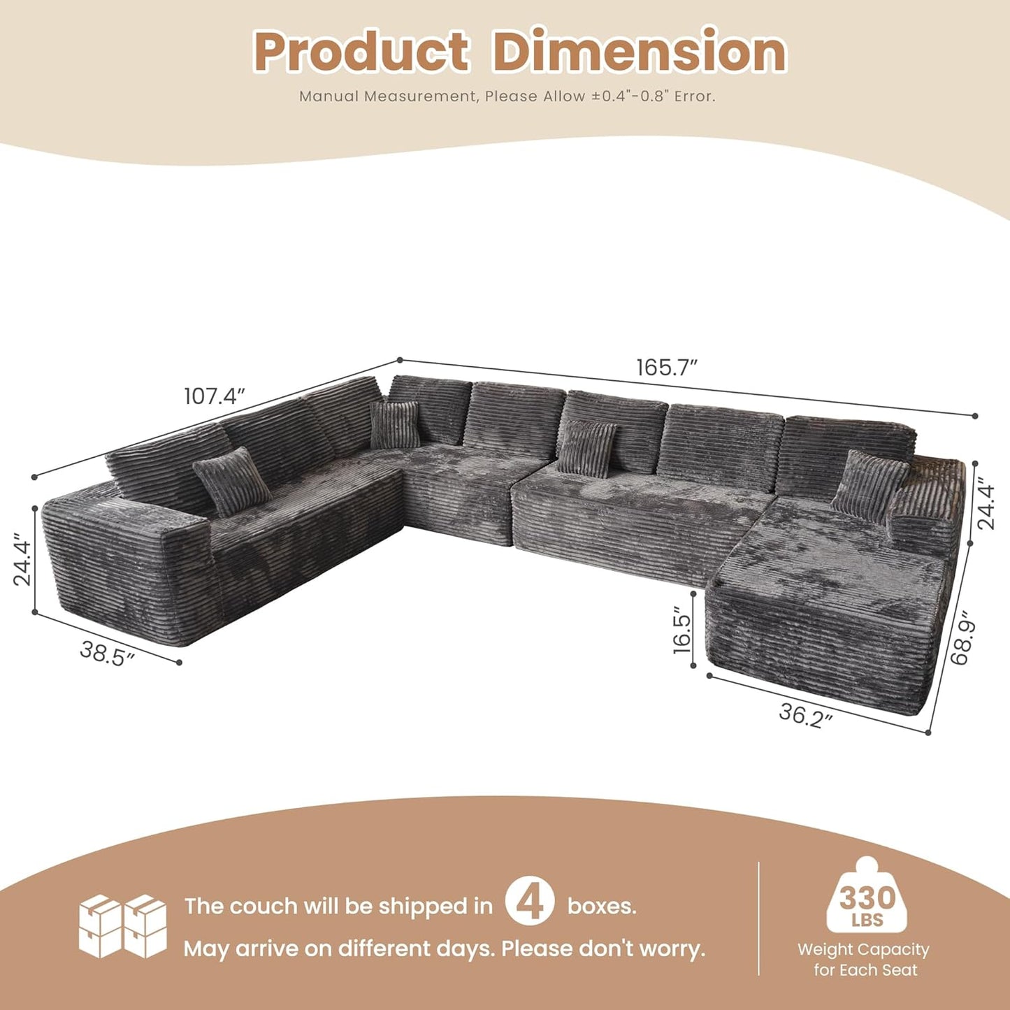 HOOOWOOO Cloud Sectional Couches for Living Room,Modular Sectional Sofa No Assembly,165X110 Inch Plush Corduroy Large U Shaped Floor Couch Set with Deep Seat Chaise Lounge(Gray)