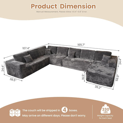 HOOOWOOO Cloud Sectional Couches for Living Room,Modular Sectional Sofa No Assembly,165X110 Inch Plush Corduroy Large U Shaped Floor Couch Set with Deep Seat Chaise Lounge(Gray)