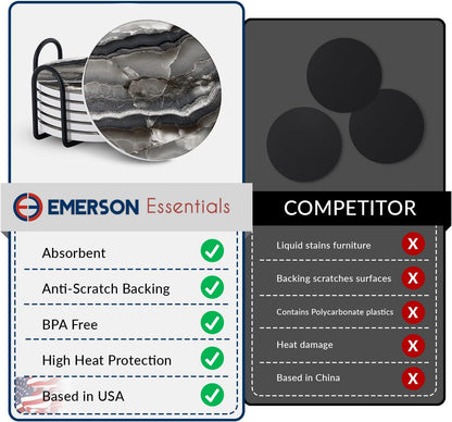 Emerson Essentials Coasters for Drinks Absorbent with Holder, Set of 6, Cork Backing Ceramic Stone Marble Style for Wooden Coffee Bar Tables, Glass Tabletop Non Slip, with Stand