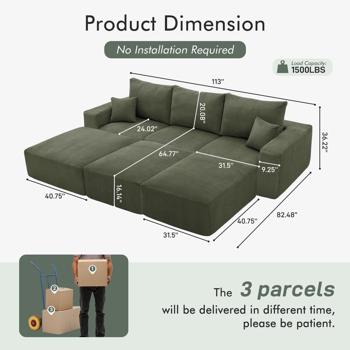 Boneless Sectional Cloud Couch Sofa Bed for Living Room, 112" Modular Modern Lounge 3 Seater Sleeper Green Couches with Chaise, No Assemble, Cordury Compression Upholstered Sofas