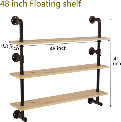 Industrial Pipe Wall Shelves Pipe Shelving with Real Wood Plank,48 Inches Floating Shelves for Wall Farmhouse Pipe Book Shelves Dark Brown 3 Tier for Kitchen,Living Room Decor and Bar Shelving