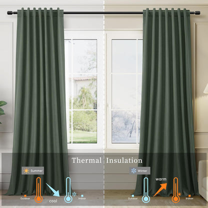 Olive Green Linen 100% Blackout Curtains for Bedroom 102 Inch Long 2 Panels Window Curtain Floor To Ceiling Length for Living Room Sliding Glass Door Back Tab Room Darkening Drapes Loden 52x102