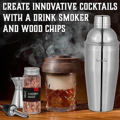 Bartender Kit with Whiskey Smoker - 13 pcs, Pine Stand - Bar Set with Cocktail Shaker, Bartending Kit with Essential Bar Accessory Tools, Wood Chips, Steel